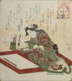 Frau bereitet sich auf die erste Kalligraphie des Jahres kakizome 1824 Totoya Hokkei Japanisch